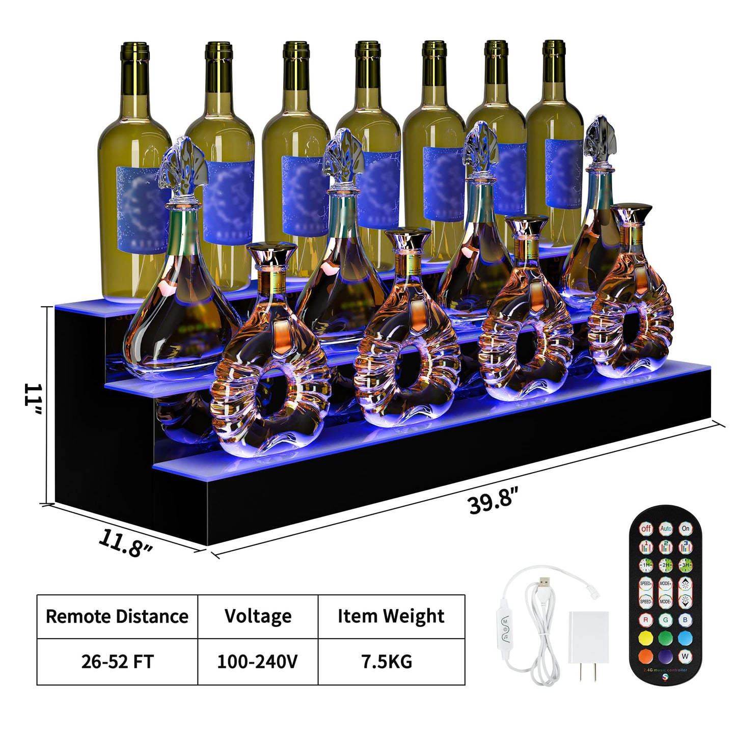 YITAHOME LED Lighted Liquor Bottle Display Shelf, 3-Step 40-inch Bar Liquor Alcohol Shelf for Home Counter Party, Acrylic Mounted Whiskey Rack Stand with Remote & App Control