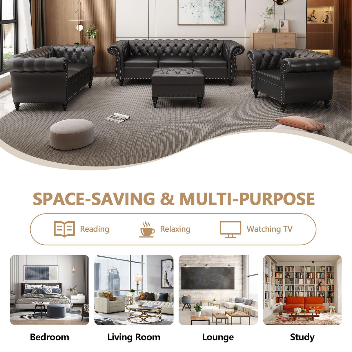 RUSTYER Chesterfield Loveseat Sofa, Modern Leather Small Sofa Couch 2 Seater with Rolled Arms and Nailhead, Mid Century Modern Loveseat Couch for Small Spaces Living Room Bedroom Apartment, Black RUSTYER