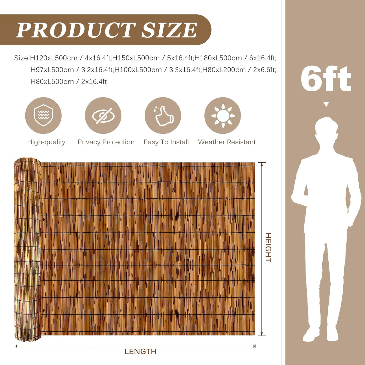 Natural Reed Fencing Rolls, Outdoor Privacy Fence Rolls for Backyard Patio Garden Fencing Decorative with Cable Zip Ties (Coffee, 5x16.4ft) Soulitem