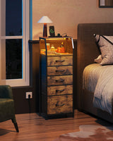 WLIVE LED Nightstand with Charging Station, Fabric Dresser with 5 Drawers for Bedroom, Tall Night Stand with Open Shelves, Bed Side Tables Living Room, Rustic Brown WLIVE