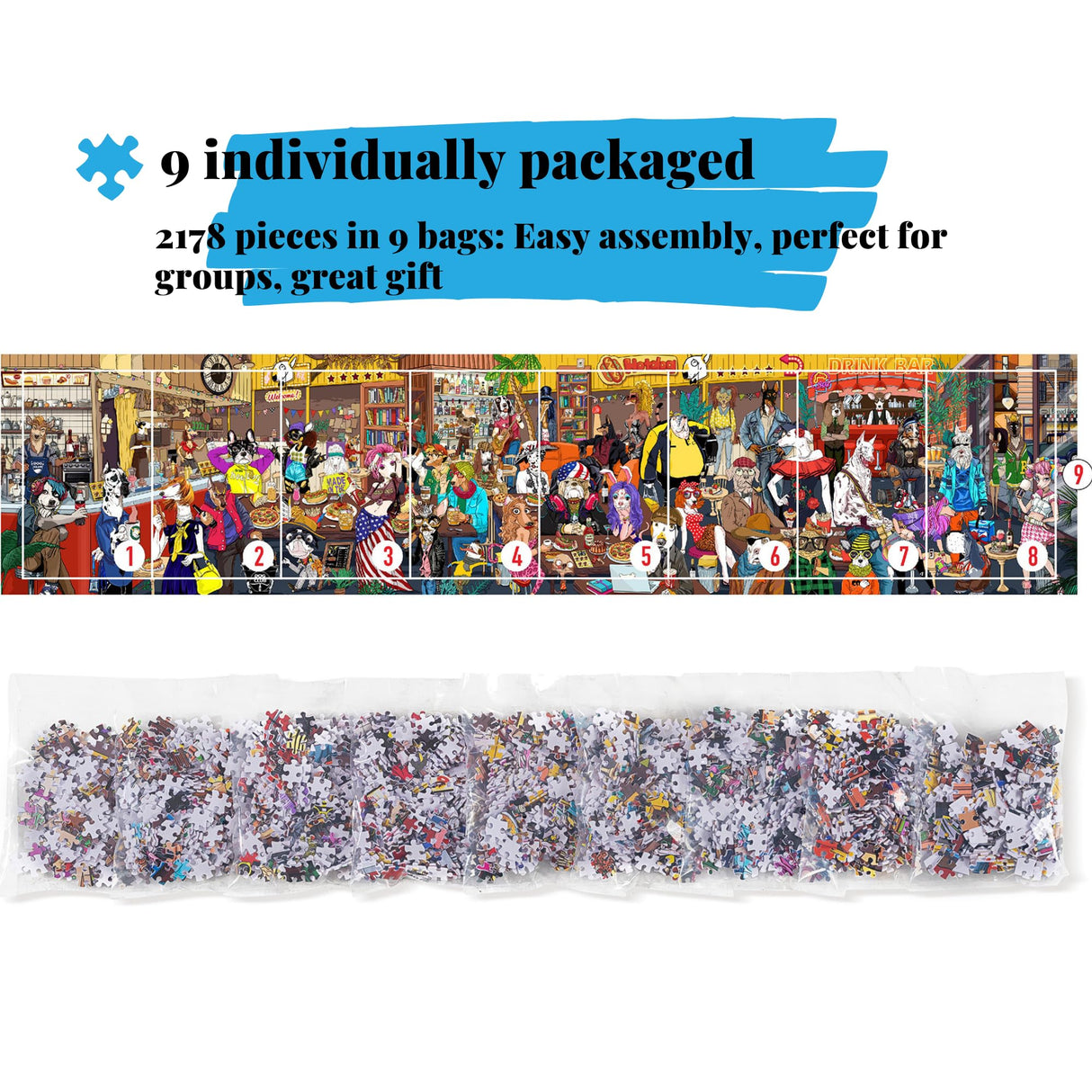 Plastic Jigsaw Puzzle for Adults,2178 Pieces in 9 Bags for Family Game, Panoramic Dog Party for Home Decor, Perfect Snap,56×12.5 Inches Hipazous Hipazous