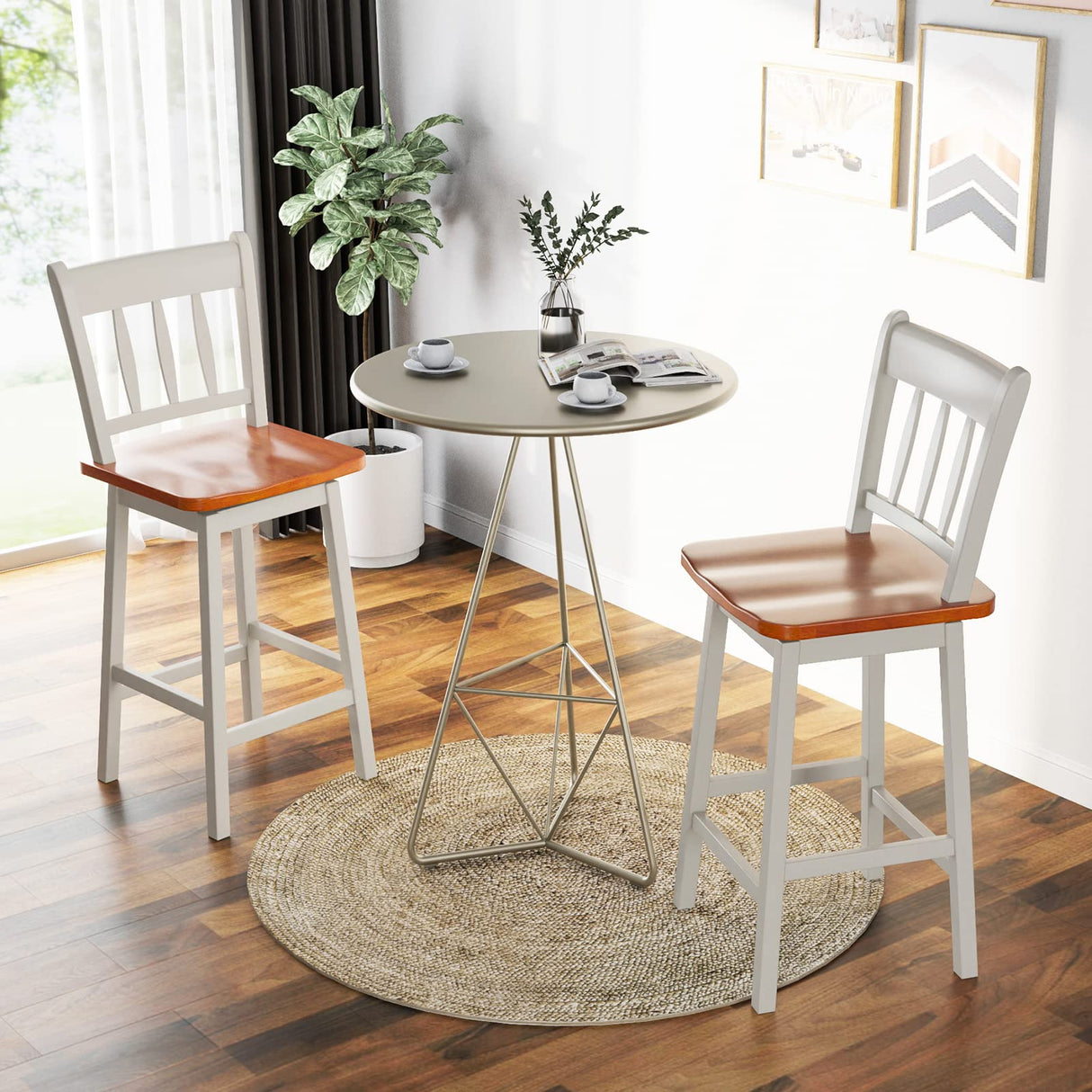 COSTWAY Set of 2 24.5-Inch Swivel Bar Stools in White Rubber Wood with Footrest and Ergonomic Design COSTWAY