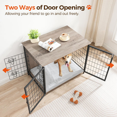 MAHANCRIS Dog Crate Furniture with Cushion, Wooden Dog Kennel with Double Doors, Heavy Duty Dog Cage for Small/Medium/Large Dogs, Indoor Dog House End Table, 31.5" L, Greige DCHG0701 MAHANCRIS