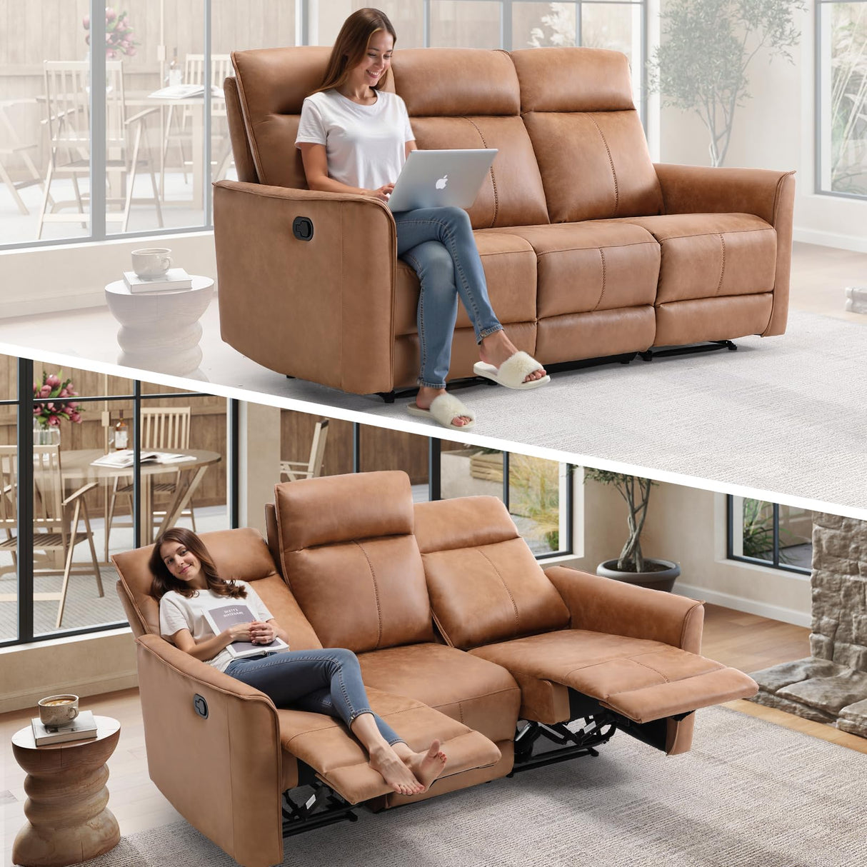 ANJ Manual 3 Seat Recliner Sofa, Modern Classic Couch Set with Overstuffed Arms and Back for Living Room Bedroom ANJ