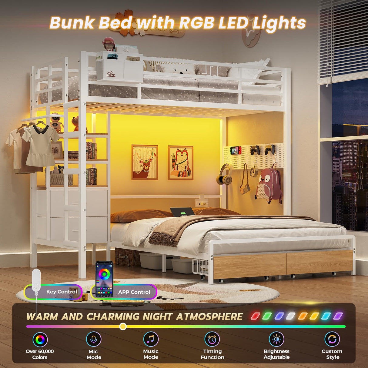 DICTAC Twin Over Full Bunk Bed with 4 Storage Drawers and 3-Tier Open Bookshelf Metal Bunk Bed with LED Lights,Charging Station and Organizer Pegboard,bunk Beds with Safety Guardrail and Ladder,White DICTAC