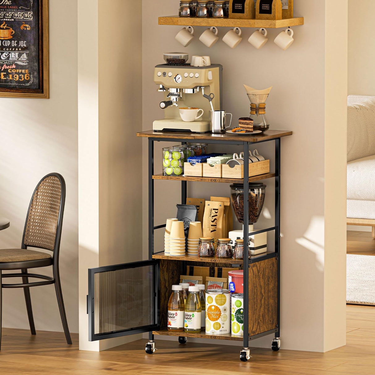 Bliesosfud Kitchen Microwave Cart with Single Door Cabinet,4 Tier Rolling Microwave Stand with Storage,Small Kitchen Island with Adjustable Shelf, Kitchen Coffee Cart Rack for Living Dining Room Bliesosfud