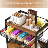 Hencawima Coffee Bar Cabinet, 3 Tier Coffee Station Table on Wheels, 35.9" H Bar Cart with Wire Basket Drawer & 5 Hooks for Home Kitchen, Liquor Buffet Sideboard Cabinet (Rustic Brown) Hencawima