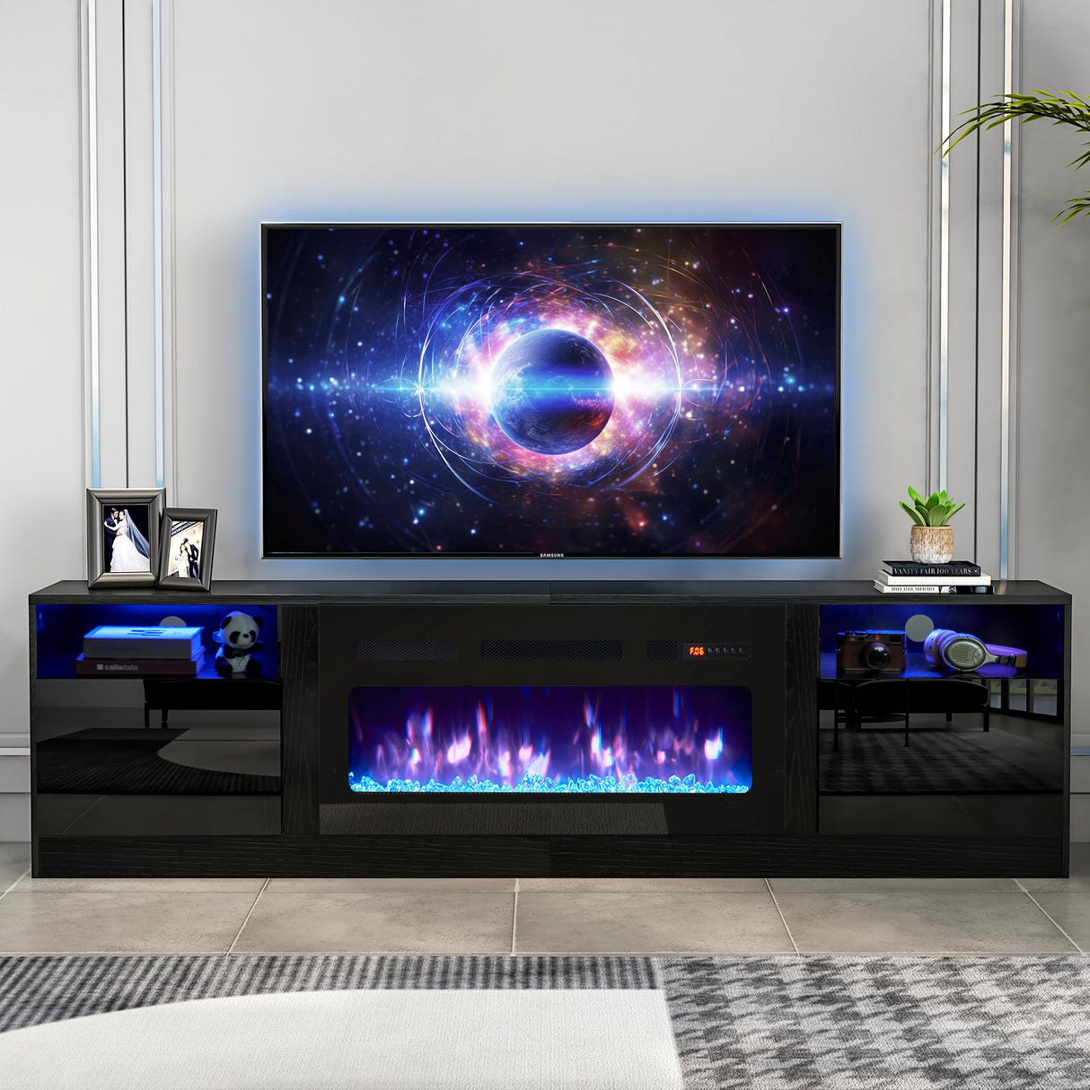 oneinmil Fireplace TV Stand with 36" Electric Fireplace, LED Light Entertainment Center with Modern Wood Texture, Highlight Storage Cabinet for TVs Up to 90", 79 inches, Black oneinmil