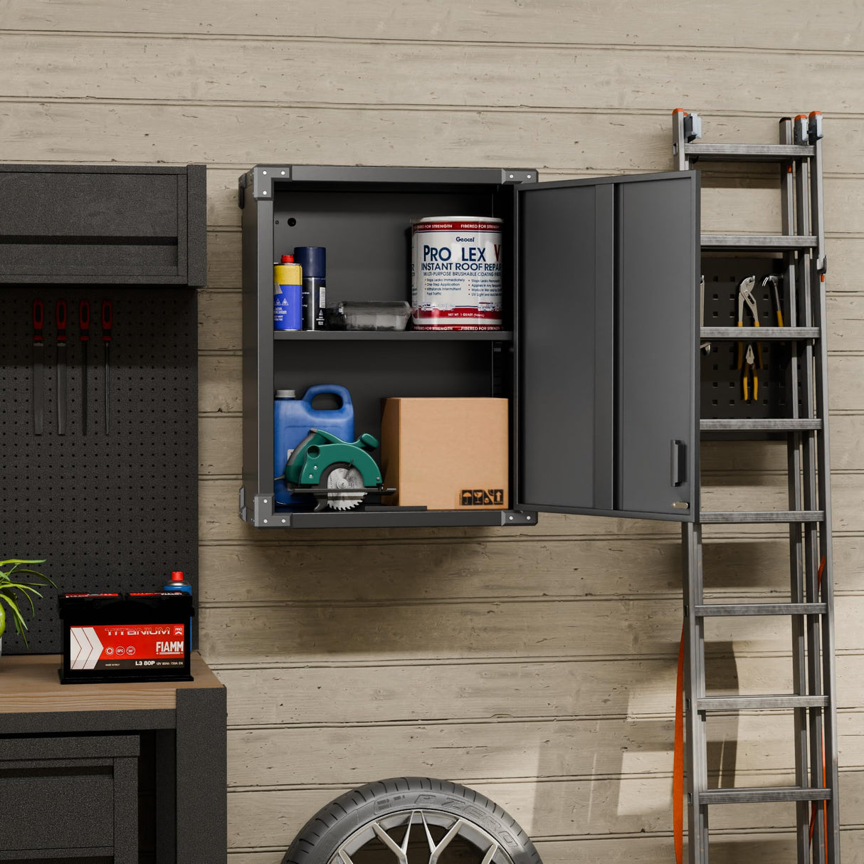 GLADIW Metal Wall Cabinet, Wall-Mounted Locker with Locking Door and Adjustable Shelf, Metal Hanging Cabinet, Steel Garage Storage Cabinet for Home, Office and Tool Room, Black GLADIW