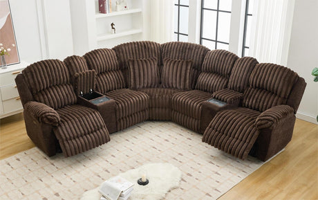 Power Recliner Sectional Sofa with Wireless Charger, Electric Reclining Sectionals Couch Sets,2 Fuzzy Rabbit Plush Recliner,2 Pillows,USB Type-C Port,Storage Consloe,5 Seater for Living Room,Brown Comfort Stretch
