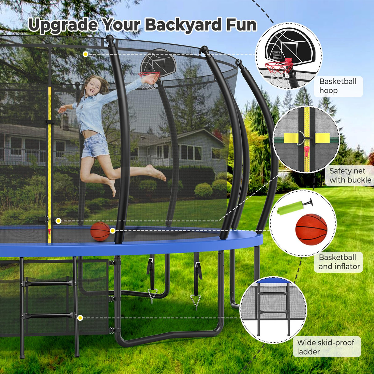 Lyromix Large Outdoor Trampoline with Basketball Hoop, 15FT Trampoline with Lights for Kids and Adults, Recreational Trampolin with Sprinkler and Stakes Lyromix