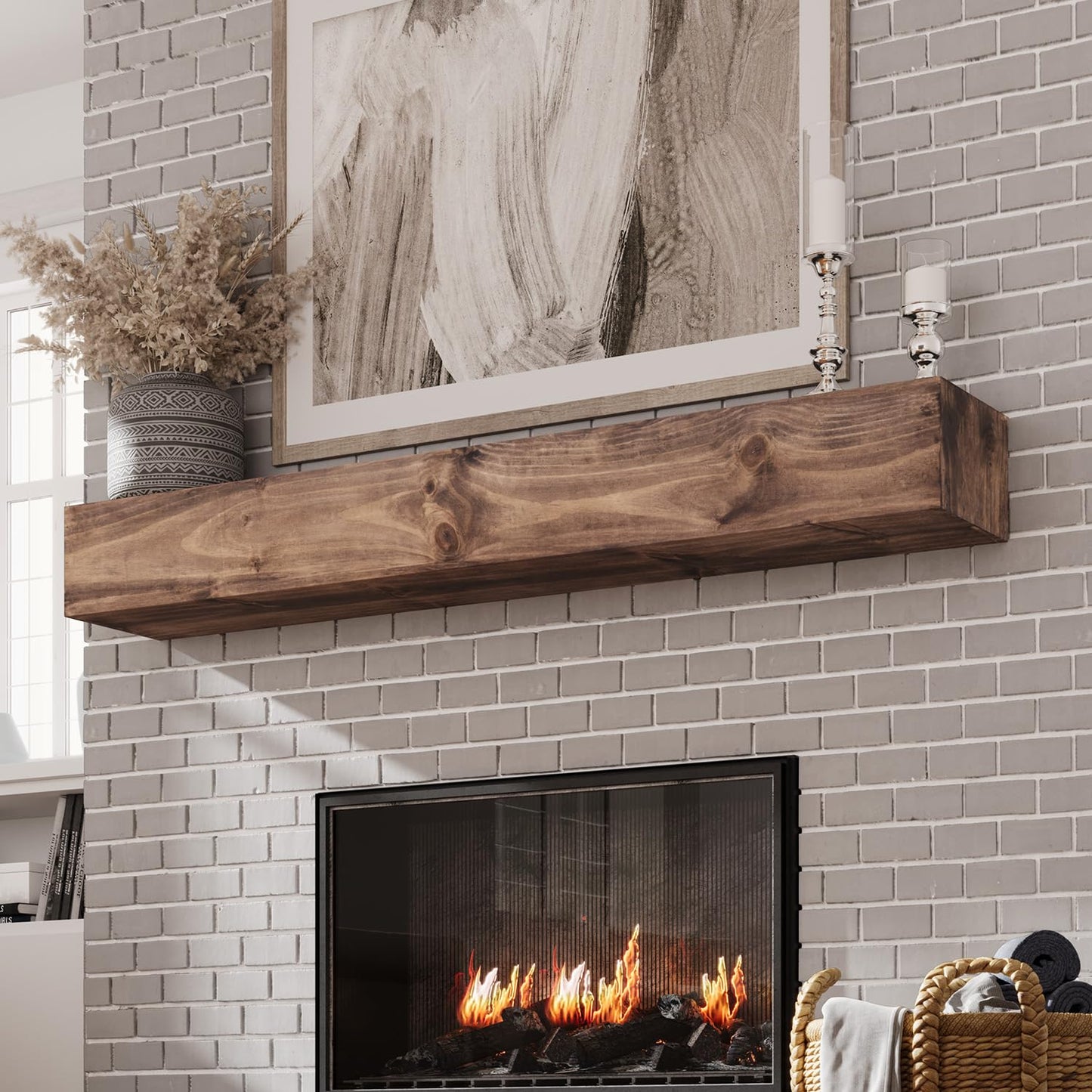 Fireplace Mantel, 60 Inches Hollow Wood Mantel with Invisible Heavy Duty Wood Bracket, Faux Fireplace Mantel for Over Fireplace, Rustic Floating Shelves for Wall, Brown