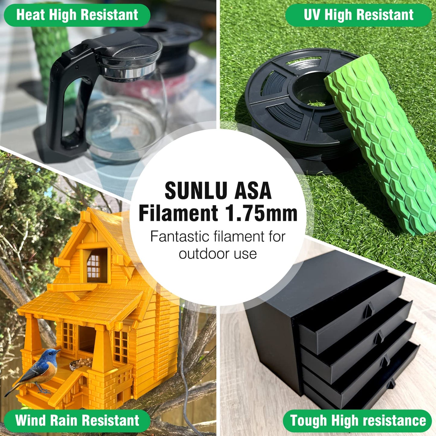 SUNLU 8 Packs ASA Filament 1.75mm, UV Rain Heat Resistant 3D Printer Filament, Great for Outdoor, 1.84kg in Total, 0.23kg per Spool, 8 Packs, 8 Colors, Black+White+Grey+Blue+Green+Red+Orange+ - WoodArtSupply