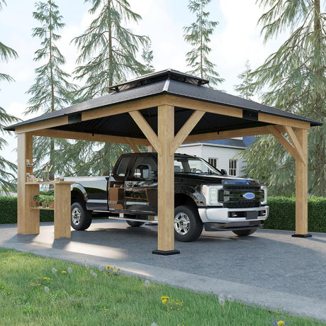 AMERLIFE 13x15 Spruce Wood Gazebo, Hardtop Gazebo with Double Iron Roof & Storage bar, Outdoor Paviloin with Wood Frame for Patio, Parties, Garage, Lawns AMERLIFE