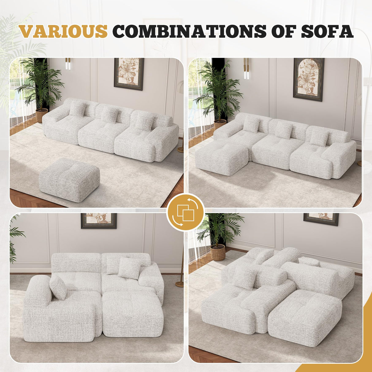 122" Modern L Shaped Modular Sectional Sofa, Boneless Couches for Living Room with Ottoman,4 Seater Convertible Chenille Cloud Couch Sofa Set, No Assembly Required, Beige 1 PCS Luxanimarion