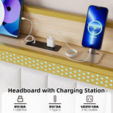 GAOMON King Bed Frame with Charging Station, LED Bed Frame with Storage Headboard, Upholstered Platform Bed Frame, No Box Spring Needed, Easy Assembly, White＆Gold GAOMON