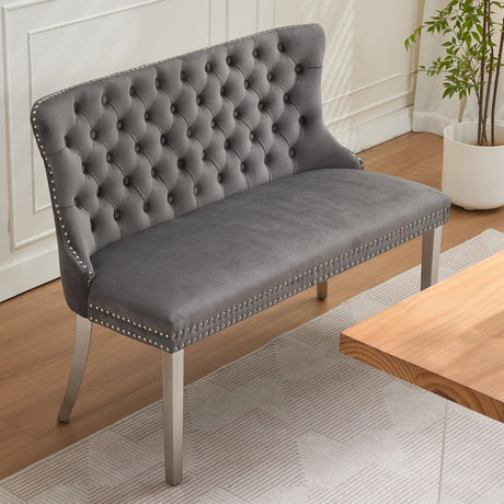 OIKIIWOO Upholstered Dining Bench with Back Tufted Settee Benches Small Loveseat Sofa Couch for Small Spaces,Entryway,Banquettee Seating Sofa Benches with Backrest (Grey+Silver Legs, Dining Bench) OIKIIWOO