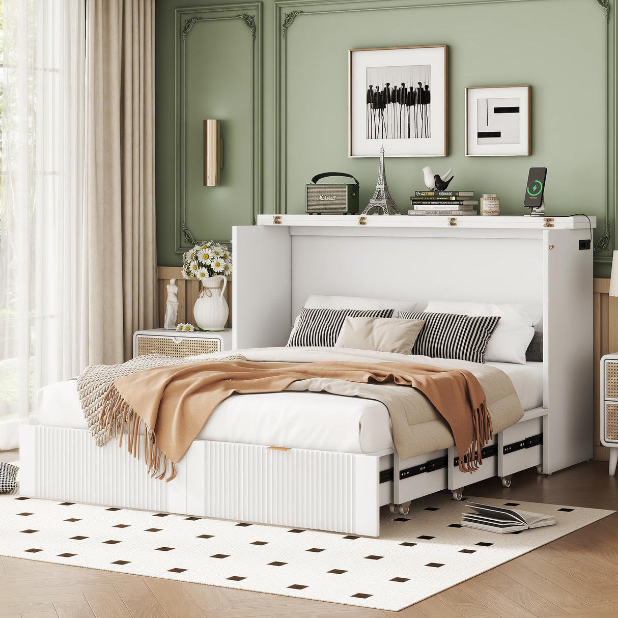 Harper & Bright Designs Full Size Murphy Bed, Wood Full Wall Bed with Drawer and a Set of Sockets & USB Ports, Pulley Structure Design, White Harper & Bright Designs