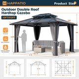 HAPPATIO Hardtop Gazebo, 10'x 12' Polycarbonate Double Roof Aluminum Furniture Gazebo, Outdoor Canopy with Netting and Curtains for Backyard, Patio, Parties, Lawns (Gray) HAPPATIO