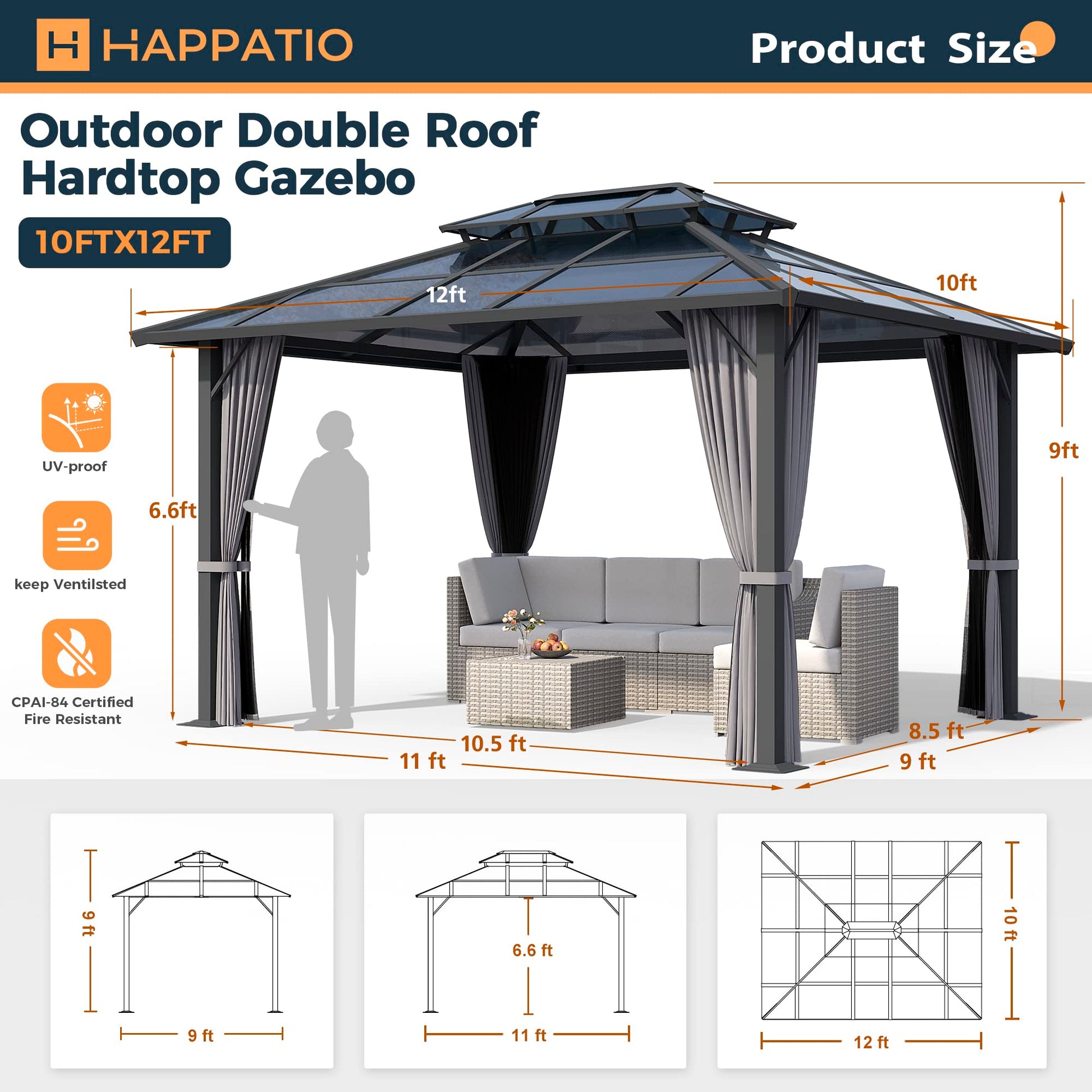 HAPPATIO Hardtop Gazebo, 10'x 12' Polycarbonate Double Roof Aluminum Furniture Gazebo, Outdoor Canopy with Netting and Curtains for Backyard, Patio, Parties, Lawns (Gray) - WoodArtSupply