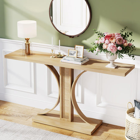 Tribesigns 55 Inches Rattan Console Table, Farmhouse Hallway Table, Wooden Entryway Table, Narrow Long Sofa Table Hallway Foyer Table Behind Couch Table for Living Room, Hallway, Foyer Tribesigns