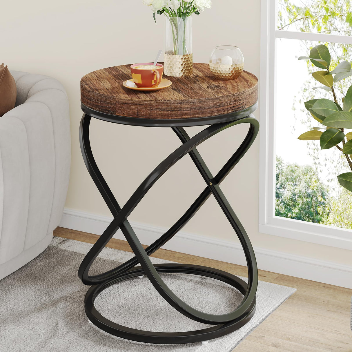 Tribesigns Round End Table, 26 Inches Nightstands Sofa Side Table with Double X-Shaped Ring Unique Design for Livingroom Bedroom (1, Brown) Tribesigns