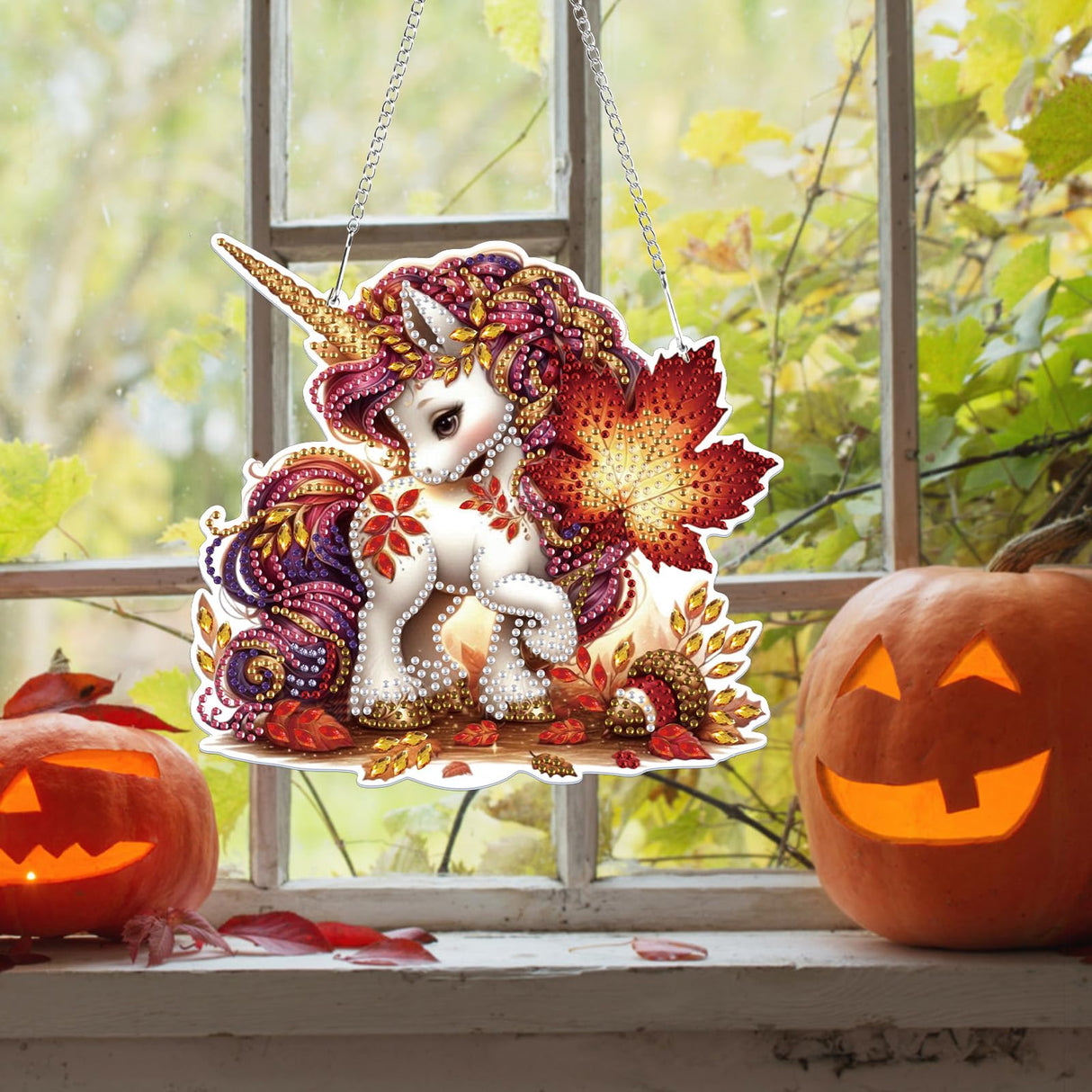 Bowetile Fall Diamond Art Hanging Kits for Adults Kids, Unicorn Diamond Art Suncatchers, 5D Special Shape Autumn Diamond Painting Pendant Window Ornament Gifts for Home Garden Door Wall Decor Bowetile
