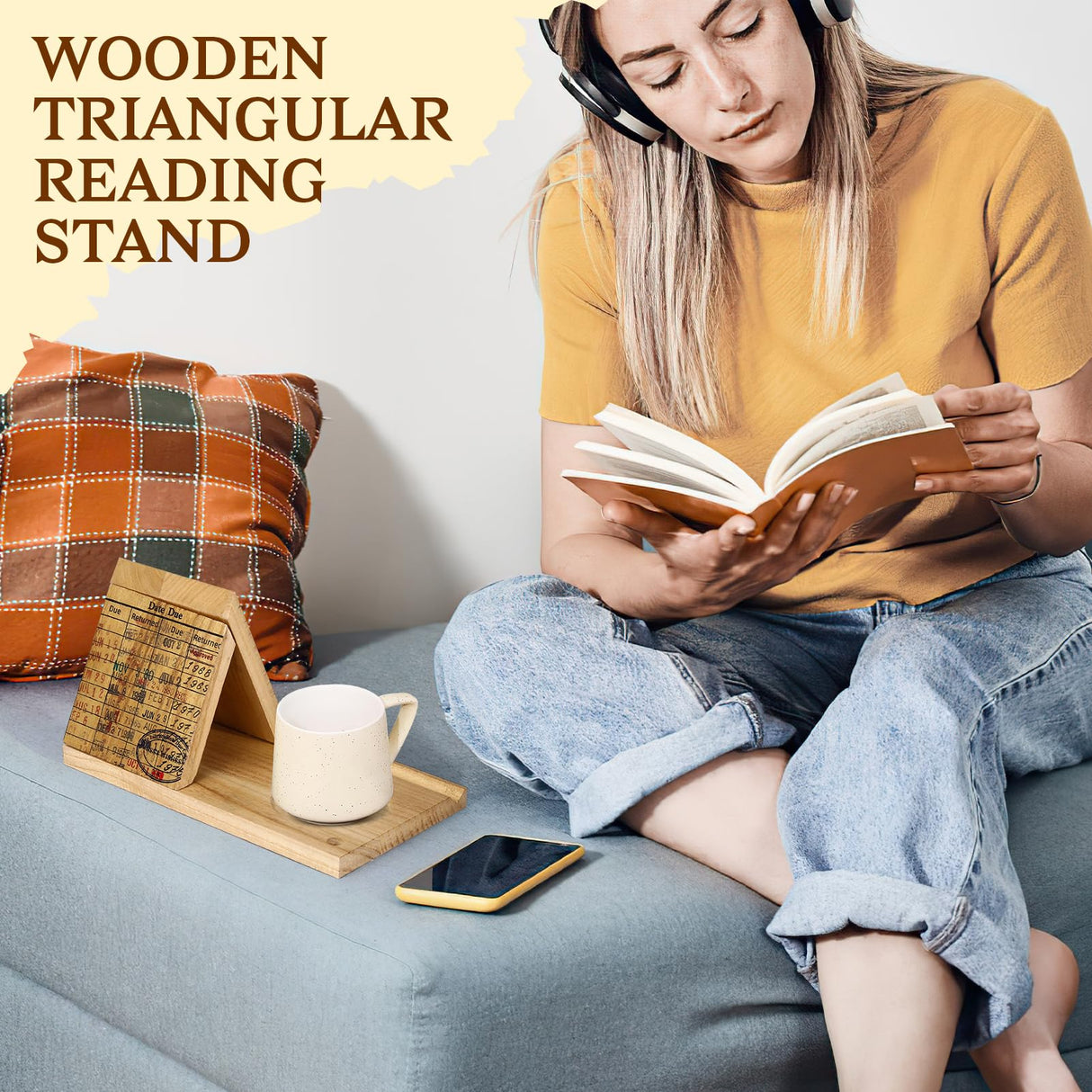 Wooden Triangle Book Stand with Drink Holder, Library Card Design Book Holder Page Rest, Night Stand Book Holder with Pen Slot, Gift for Book Lovers, Readers, Librarians, Writers Tanfeine