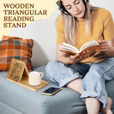 Wooden Triangle Book Stand with Drink Holder, Library Card Design Book Holder Page Rest, Night Stand Book Holder with Pen Slot, Gift for Book Lovers, Readers, Librarians, Writers Tanfeine