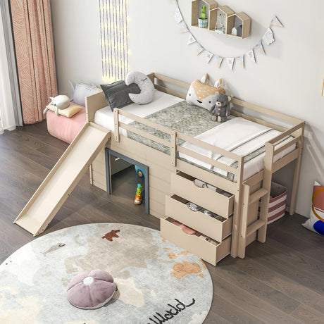 KOMFOTT Twin Low Loft Bed with 3 Storage Drawers & Underneath House, Wood Loft Bed with Slide, Ladder, Guardrails & Under-Bed Play Space, Kids Twin Loft Bed for Girls & Boys, No Box Spring Needed KOMFOTT