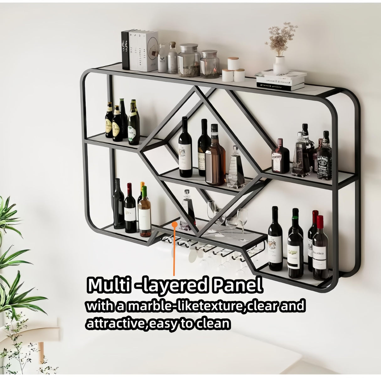 PIKYsailed Metal Wine Rack Wall Mounted with Led Light, Modern Bar Shelves Wall Mounted with Glass Holder, Multi Functional Liquor Shelf Wall Mounted for Home Bar, Kitchen & Dining Room (Black, 47) PIKYsailed
