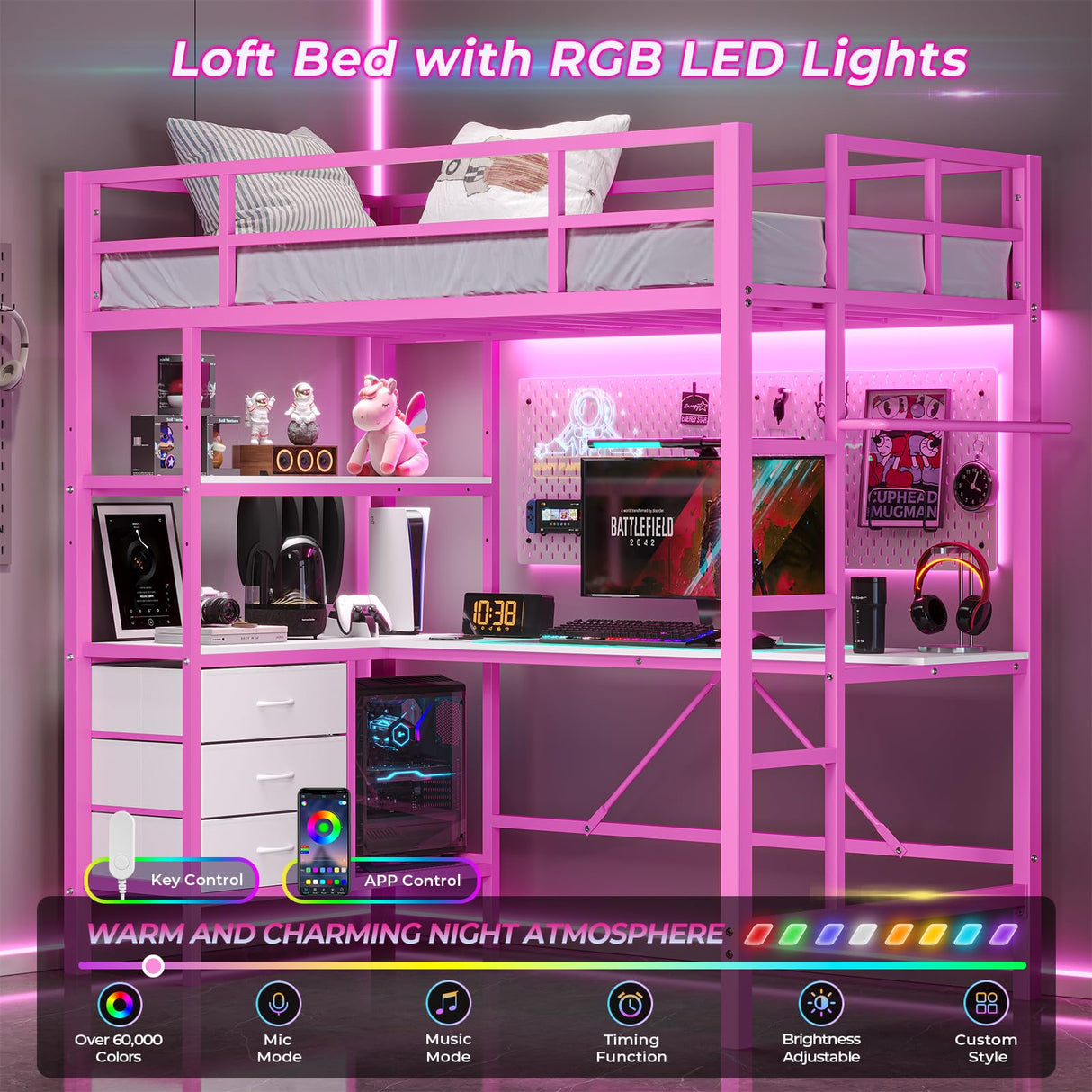 DICTAC Loft Bed Twin Size with L-Shaped Desk, LED Lights and Charging Station Twin Metal Loft Bed Frame with 3 Storage Shelves and 3 Fabric Drawers, Safety Guard & Ladder, No Box Spring Needed, Pink DICTAC