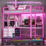 DICTAC Loft Bed Twin Size with L-Shaped Desk, LED Lights and Charging Station Twin Metal Loft Bed Frame with 3 Storage Shelves and 3 Fabric Drawers, Safety Guard & Ladder, No Box Spring Needed, Pink DICTAC
