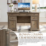 Yechen 55'' Wood Executive Desk with 7 Drawers - Farmhouse Home Office Desks with Power Outlet, Wooden Computer Desk with Roman Columns, Rustic Writing Table for Work & Study, Weathered Reclaimed Oak Yechen