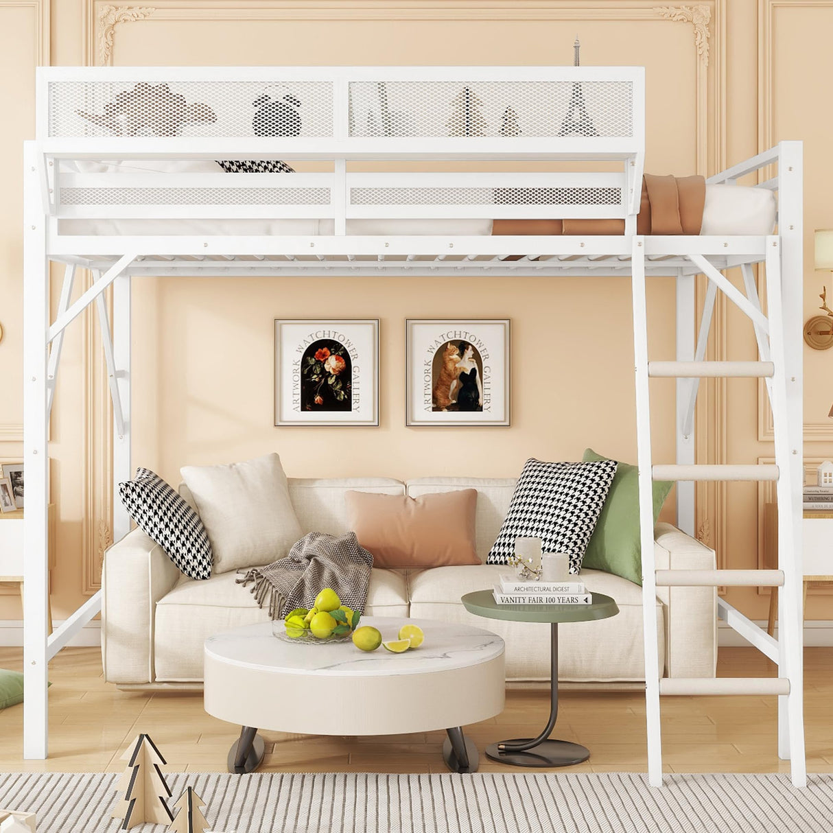 KEIKI Full Size Metal Loft Bed Frame with Ladder and Built-in Storage Shelves, for Teens, Modern Style Loft Bed with Solid Slats, Guardrail, No Box Spring Required, Easy Assembly, for Bedroom, White KEIKI