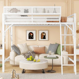 KEIKI Full Size Metal Loft Bed Frame with Ladder and Built-in Storage Shelves, for Teens, Modern Style Loft Bed with Solid Slats, Guardrail, No Box Spring Required, Easy Assembly, for Bedroom, White KEIKI