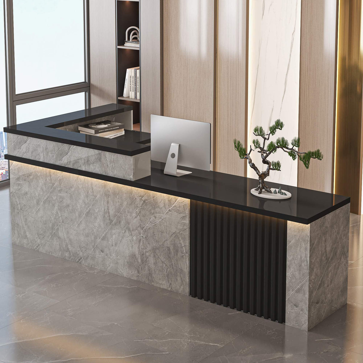 L Shaped Reception Desk with Counter, Office Front Desk Reception Counter with Lockable Drawer, Retail Checkout Modern Computer Workstation for Clothing Store Beauty Salon, SOHO, Shop Generic
