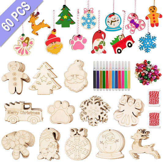 AerWo 60pcs Wooden Christmas Ornaments, 12 Styles Unfinished Wood Slice Ornaments, DIY Christmas Ornaments Set with Bells, Colored Markers and Ropes, for DIY Craft Making and Christmas Tree Ornaments