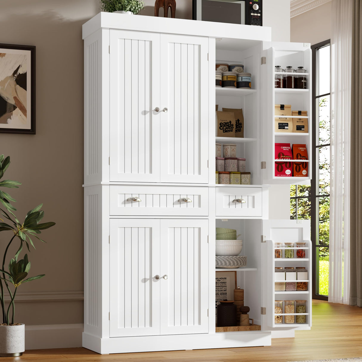 71" Tall Kitchen Cabinet Pantry Storage,Modern Kitchen Hutch Cabinet with Doors and Adjustable Shelves,Large Freestanding Food Pantry with 2 Drawer for Dining Room, Living Room, Hallway,White chartustriable