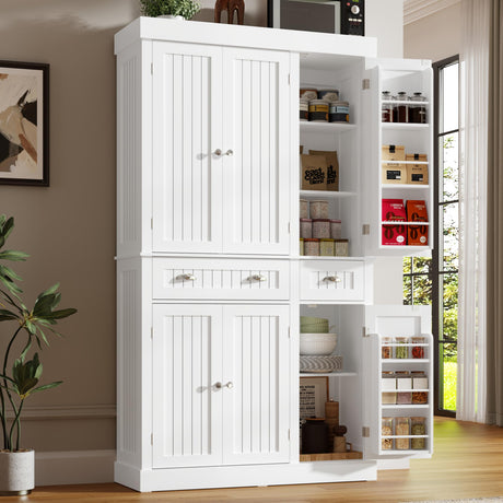 71" Tall Kitchen Cabinet Pantry Storage,Modern Kitchen Hutch Cabinet with Doors and Adjustable Shelves,Large Freestanding Food Pantry with 2 Drawer for Dining Room, Living Room, Hallway,White chartustriable