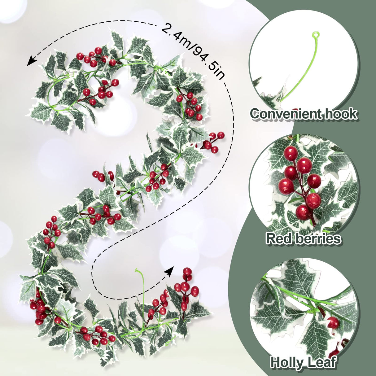 Whaline 2Pcs Christmas Artificial Garland, 15.7Ft Xmas Berry Holly Leaves Garland Christmas Faux Greenery Garland Winter Snowy Red Berries Hanging Vine for Christmas Wedding Party Home Decoration Whaline