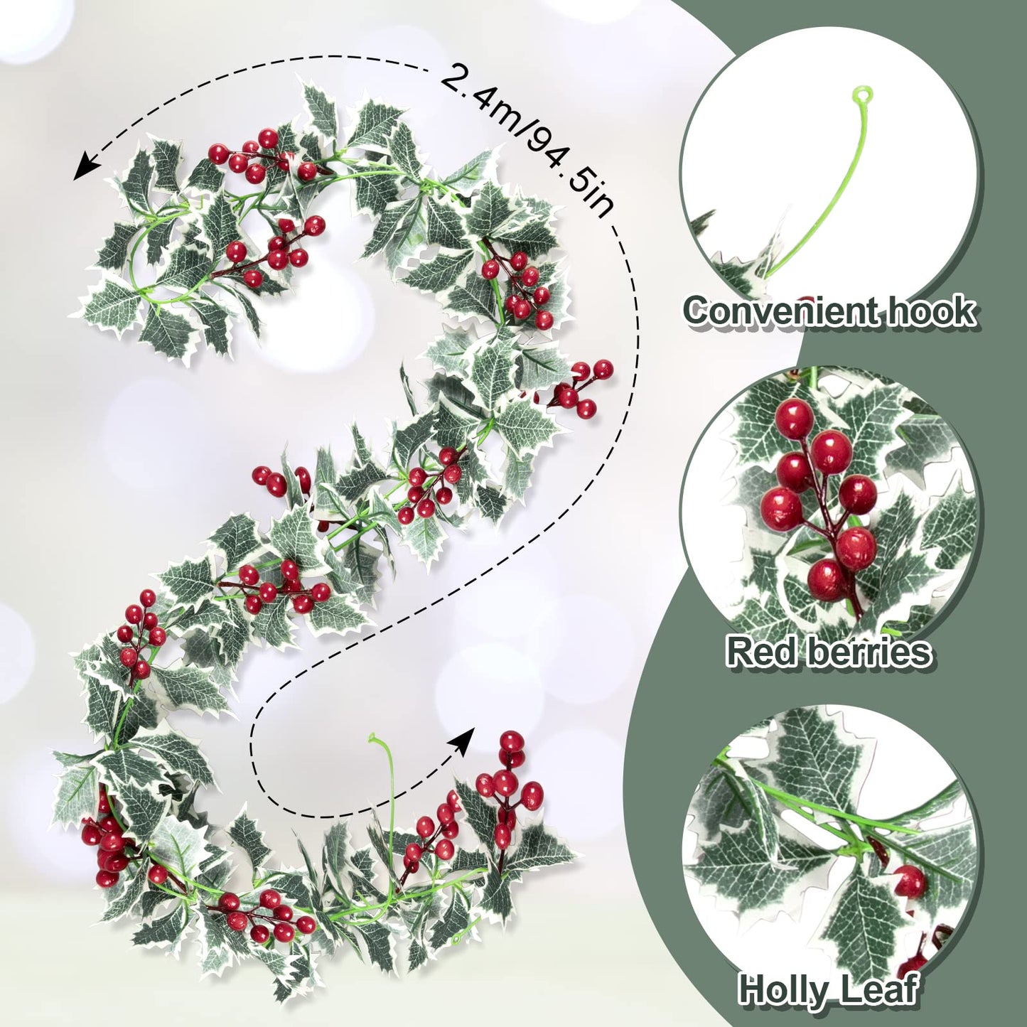 Whaline 2Pcs Christmas Artificial Garland, 15.7Ft Xmas Berry Holly Leaves Garland Christmas Faux Greenery Garland Winter Snowy Red Berries Hanging Vine for Christmas Wedding Party Home Decoration