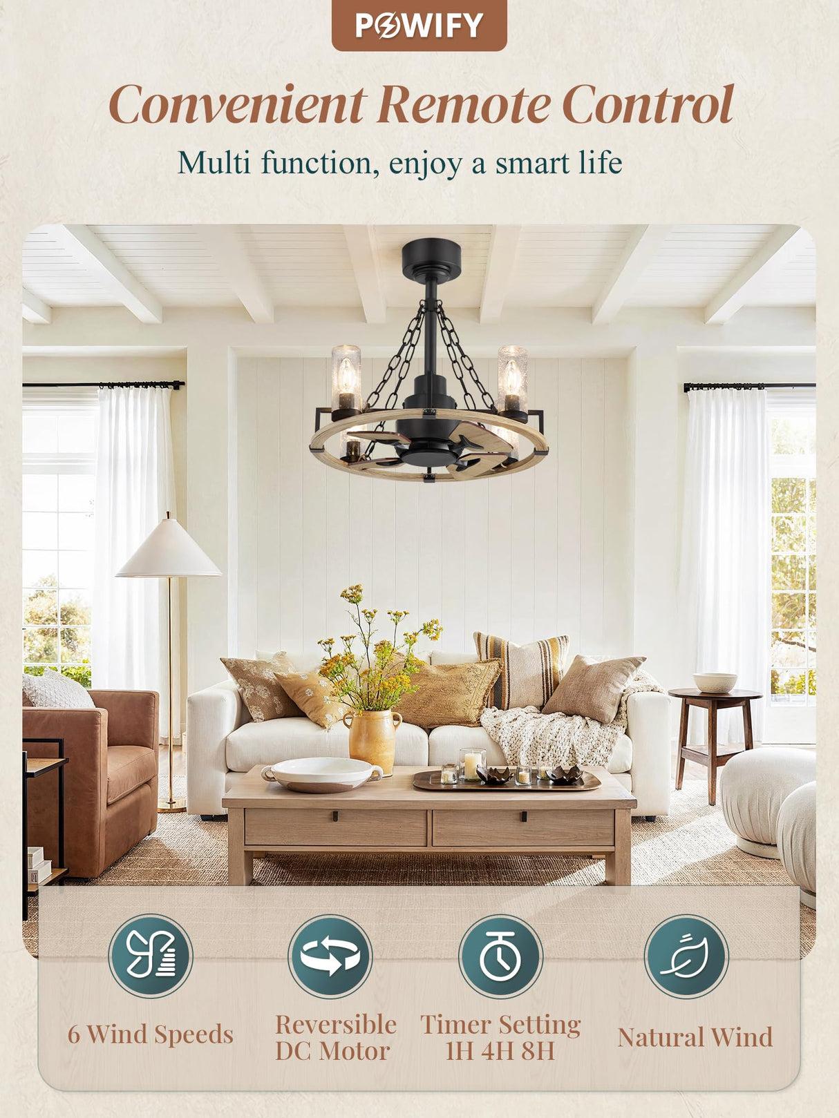 POWIFY 20 Inch Wagon Wheel Chandelier with Fan, Farmhouse Chandelier Fan with Remote, Quiet Reversible Motor, Dual Finish Blades, Black Rustic Ceiling Fan for Bedroom Dining Room Living Room Kitchen POWIFY