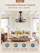 POWIFY 20 Inch Wagon Wheel Chandelier with Fan, Farmhouse Chandelier Fan with Remote, Quiet Reversible Motor, Dual Finish Blades, Black Rustic Ceiling Fan for Bedroom Dining Room Living Room Kitchen POWIFY