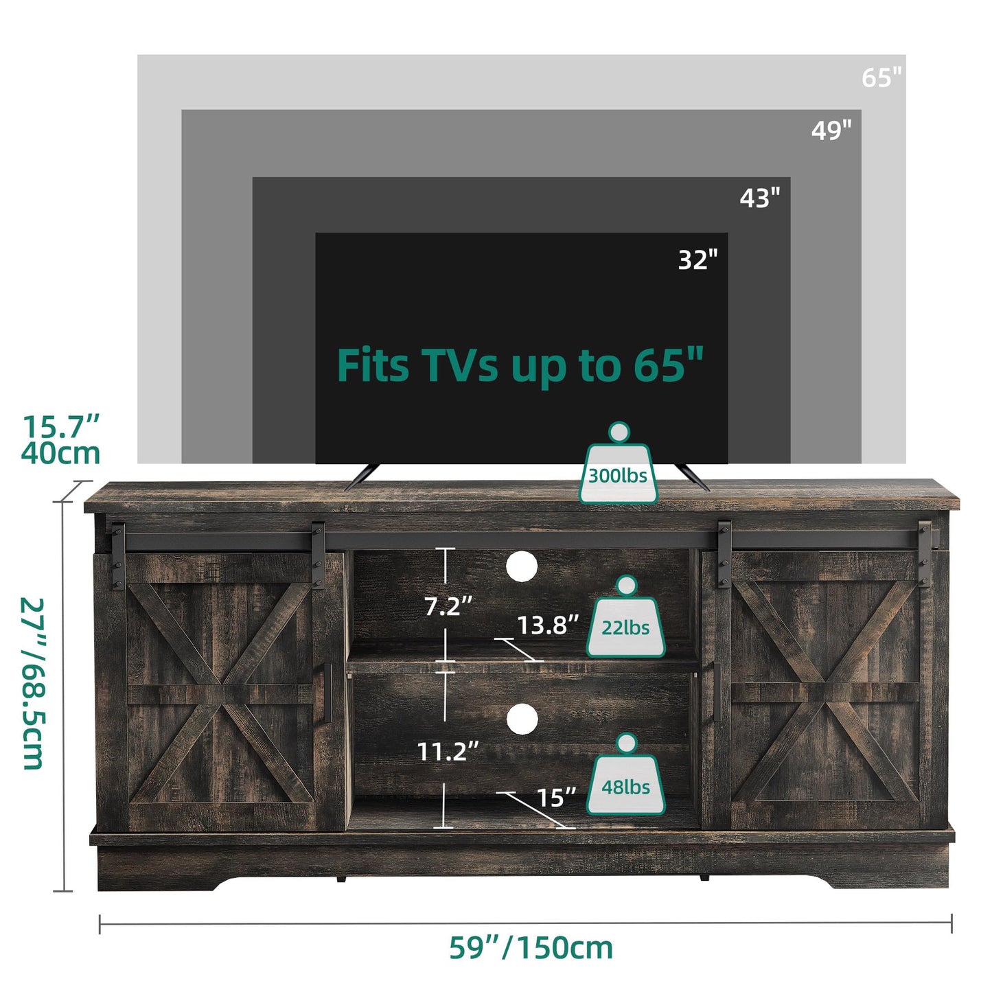 YITAHOME TV Stand for TVs up to 65 Inch, Farmhouse Entertainment Center with Sliding Barn Doors and Storage Cabinet, Rustic TV Media Console for Living Room, Dark Rustic Oak