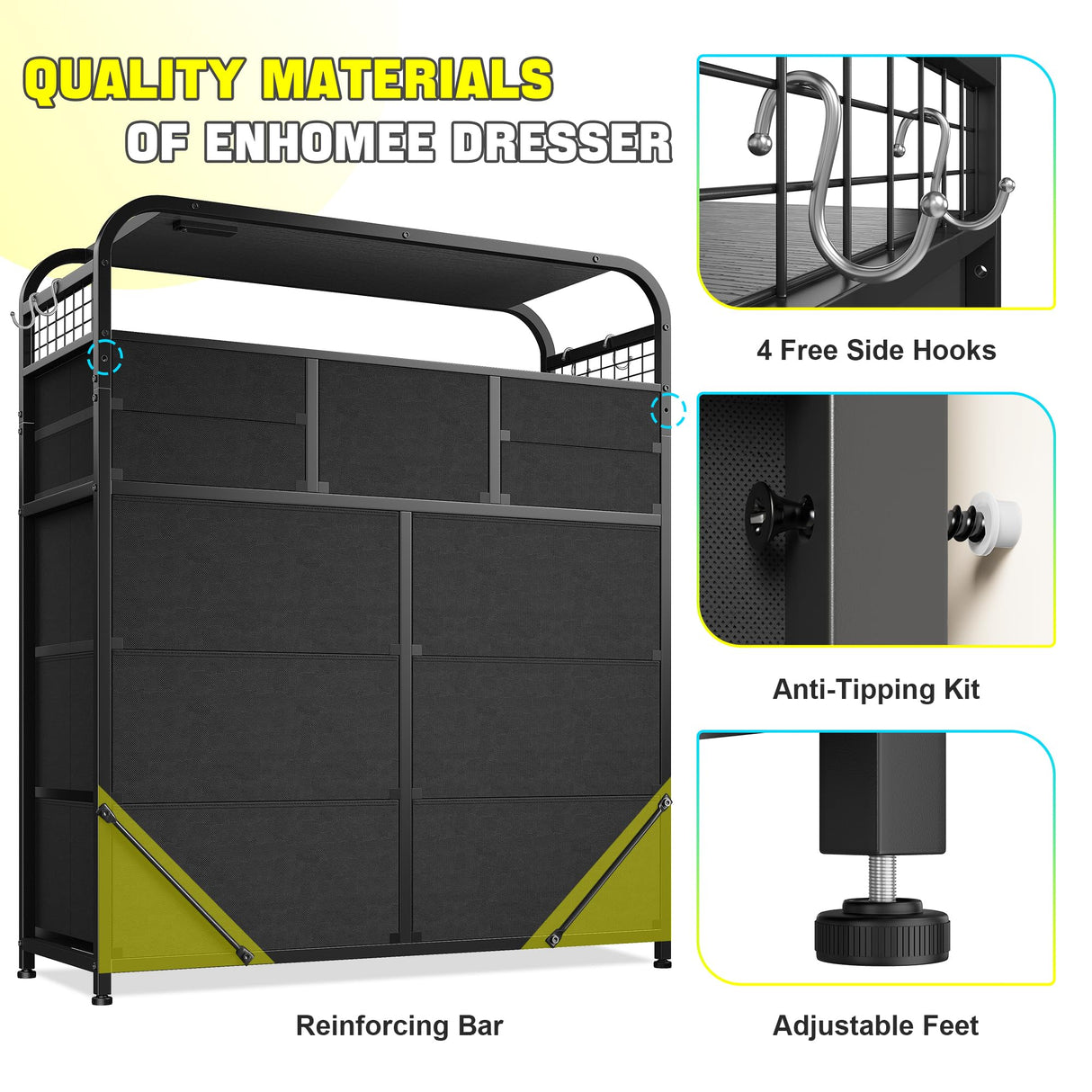 EnHomee Black Dresser with LED Lights & Charging Station,11 Drawers Dresser with 2 Tier Shelves & 4 Hooks, Fabric Dresser for Bedroom, Closet, Living Room, Entryway,Sturdy Frame,Wooden Top EnHomee