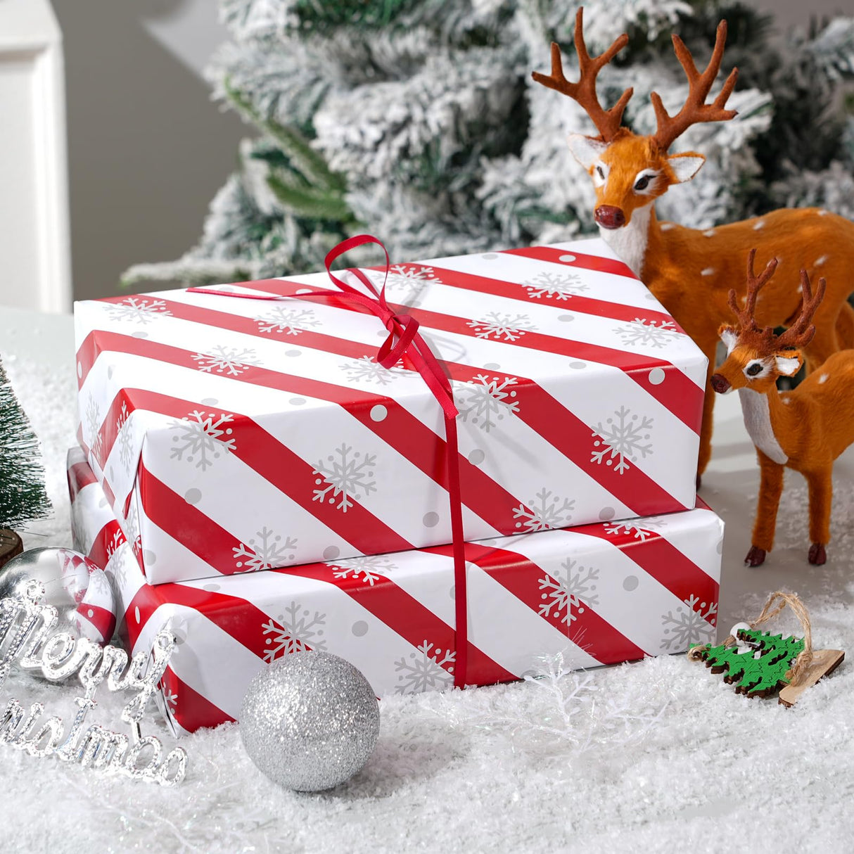 Cuitpan White Christmas Wrapping Paper Bundle for Kids Adults - Reindeer, Stripes, Woodlands, Snowflake, Red Truck Winter Scene Designs - 28 x 40 Inches, 6 Jumbo Sheets, Recycled Cuitpan
