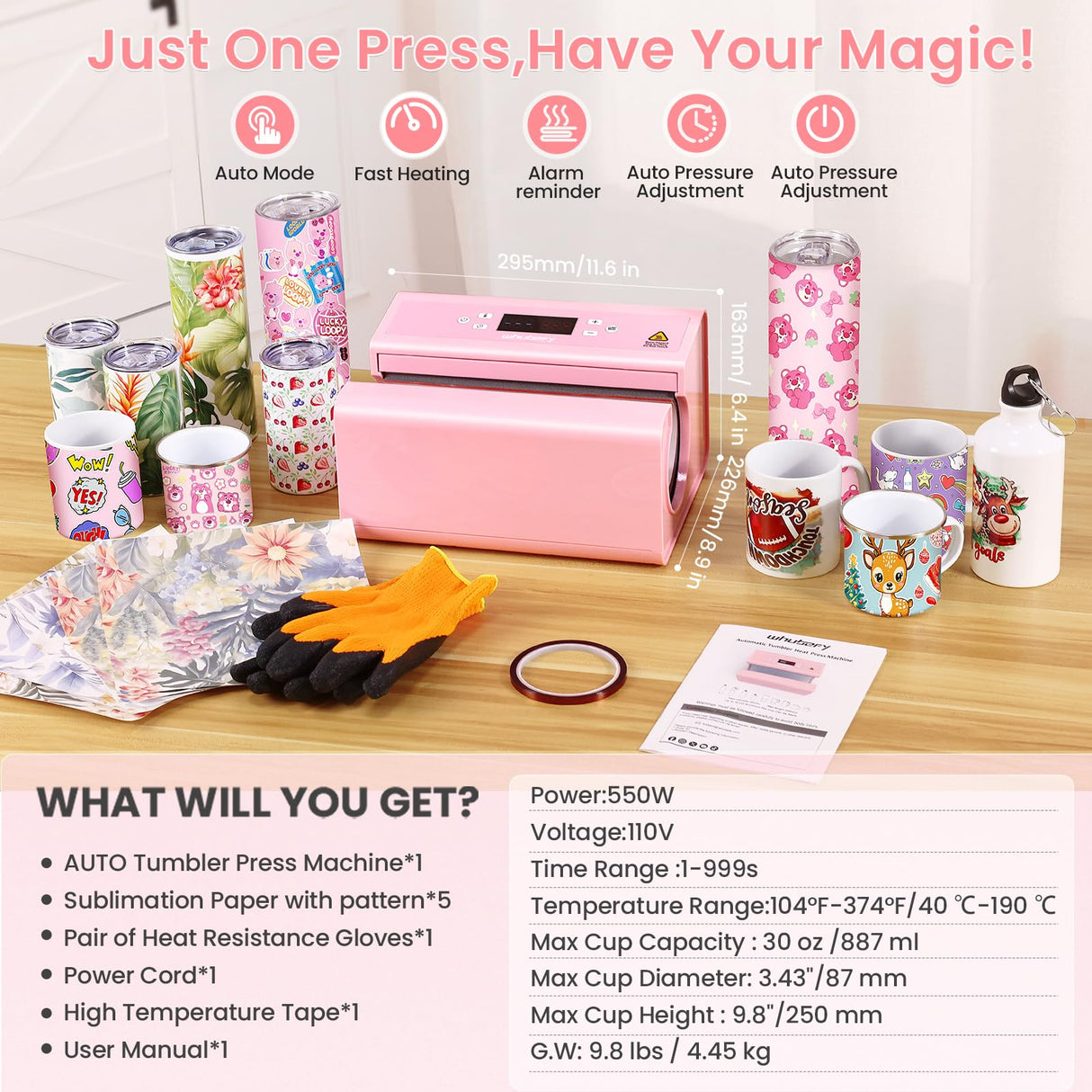 Whubefy Auto Tumbler Heat Press, 20oz 30oz 15oz Mug Press Sublimation Machine Heat Up Fast & Even,Automatic Tumbler Press Machine for 2.95-3.34inch Sublimation Tumblers Cups (Auto Cup Press-Pink) Whubefy