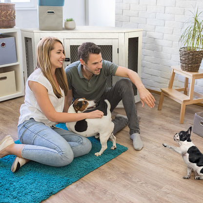 OFIKA Corner Dog Crate Furniture, Wooden Corner Dog Kennel Side End Table with Metal Mesh,Indoor Pet Crates Corner Side Table for Small Medium Large Dogs (Large, White)