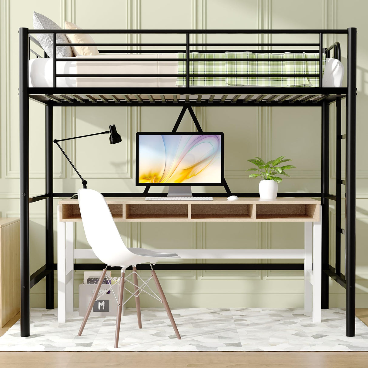 VECELO Loft Bed Twin Size, Metal Bedframe with Removable Ladder and Safety Guardrail, No Box Spring Needed, Space Saving, Noise Free, Pure Black VECELO